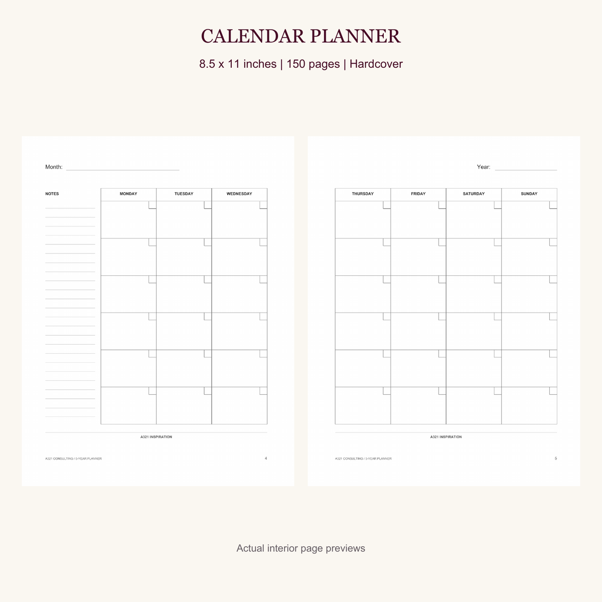 A321 8.5 x 11 calendar planner interior page preview
