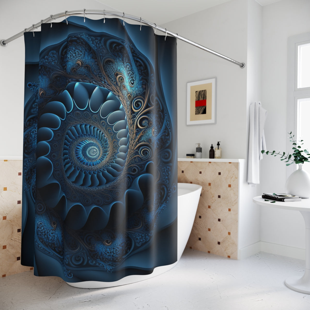 Blue Fractal Polyester Shower Curtain