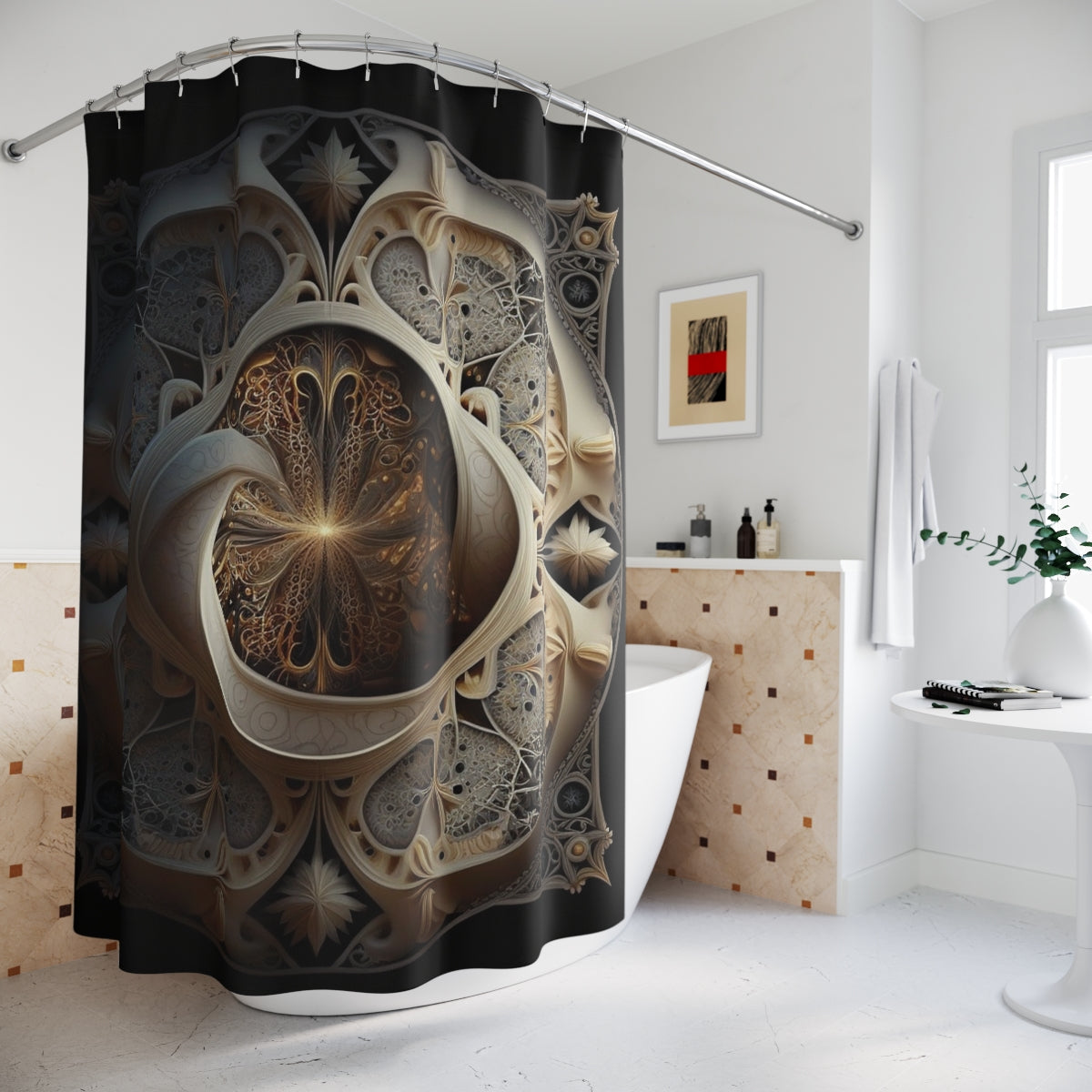 Cream Fractal Polyester Shower Curtain